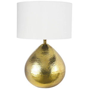 Hammered Metal Cone Table <b>Lamp</b> With Oyster Linen <b>Drum</b> <b>Shade</b> Luxury Brass Finish Home Decor Lighting Fixture For Living Room Use - Product Image 6