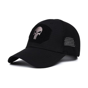 Black Mesh Baseball <b>Cap</b> With Punisher Embroidery Adjustable Unisex Sporty Hat For Outdoor Use Spring Summer 6-Panel Design - Product Image 1