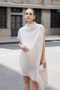 Robes d'été décontractées à manches régulières, col roulé minimaliste, en mélange de soie tissé, coupe mini ample à la taille - Product Image 3
