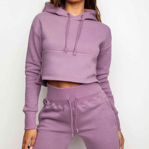 Custom Cotton Knit Flared Stack Jogging Tracksuits Female Cropped Slim Fit Hoodie Set Skinny Distressed Sweat <b>suit</b> Women - Product Image 4