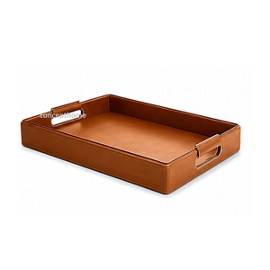 Bandeja Rectangular de Cuero Beige para Servir con Asas Doradas, Acabado Metálico Pulido de Color Sólido, Uso Residencial - Product Image 2