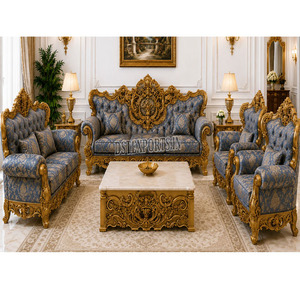European Style Wooden Sofa Set Blue Upholstery Living Room Set Custom-made Traditional Castle-Style Furniture for Living Room - Product Image 1