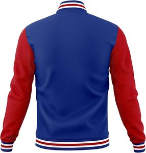 Chaqueta Varsity Clásica Azul y Roja con Ribete en Contraste, Cuello Redondo, para Adultos, Chaqueta Bomber Ligera para Otoño - Product Image 3