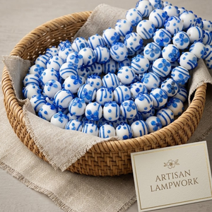 Luxury White Blue Lampwork Glass Beads 16mm Round | Handmade Glass Beads 8 Inch Strand for Jewelry, <b>Bracelet</b> Necklace Craft Use - Product Image 3