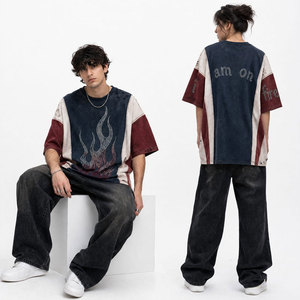 Men's Oversized Cotton T-<b>Shirt</b> Short Sleeve O-Neck <b>Flame</b> Rhinestone Print Contrast Trim Street Style Rhinestone T-<b>Shirts</b> - Product Image 6