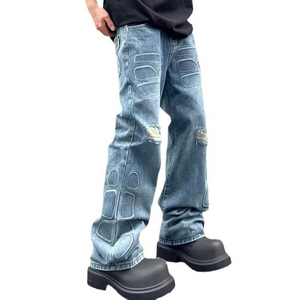 Jeans de mezclilla de pierna ancha para hombre, de cintura alta, estilo streetwear, con bolsillos 3D, de algodón, corte holgado, lavado desgastado, tendencia top 2026, para otoño - Product Image 1