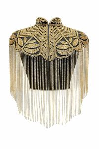 Women's Cape <b>Top</b> Black and Gold with Hand Beaded Embellishment and Fringe Detailing High Neck Overlay - Product Image 2