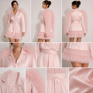Robe mini blazer en satin rose de luxe pour femmes avec détails en plumes de tulle |   Robe de soirée tendance - Product Image 3