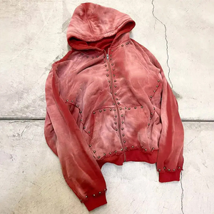 Sweat-shirt à capuche zippé oversize en velours rouge, coupe courte unisexe, pour l'automne, avec broderie de perles, manches classiques - Product Image 6