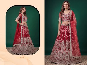Lehenga Choli en soie brodée rouge avec dupatta, tenue de mariage traditionnelle indienne/pakistanaise pour femmes avec protection solaire - Product Image 1