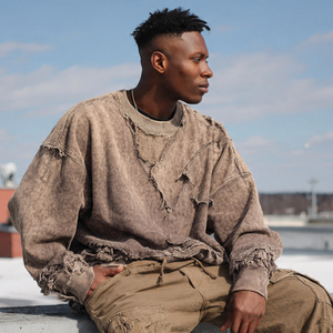 Sudaderas con hombros caídos y efecto desgastado para hombre, 400 g/m², cuello redondo, manga larga, forro polar - Product Image 4