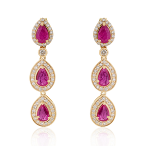Pendientes Colgantes con Diseño Exquisito en Oro Amarillo K14 Sólido, con Rubí 100% Genuino y Halo de Diamantes en Forma de Lágrima, Joyería para Bodas - Product Image 1