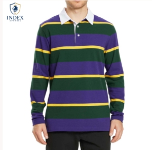 Camiseta de Rugby de Manga Larga para Hombre INDEX APPAREL, Rayas Moradas, Verdes y Amarillas, Cuello Camisero, Manga Larga, Corte Regular, para Todas las Temporadas - Product Image 1
