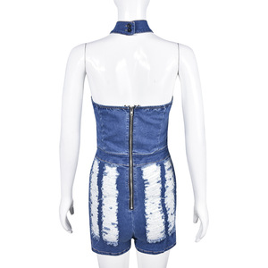Combinaison en jean pour femme, col montant, sans manches, déchirée, bords effilochés, style club sexy, longueur au-dessus du genou, tenue d'été - Product Image 2