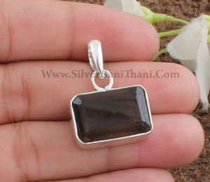 Vintage Natural Smoky Quartz Rectangle <b>Pendant</b> with Bezel Setting Platinum Plated 925 Sterling <b>Silver</b> Necklace <b>for</b> Women & <b>Men</b> - Product Image 2