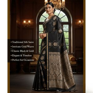 Sari noir en satin pur tissé à la main avec bordure en Zari doré |   Sari ethnique de luxe traditionnel pour femmes, idéal pour les fêtes de mariage - Product Image 3