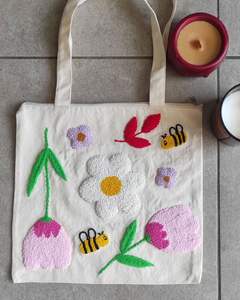 Sac fourre-tout en toile de coton avec fermeture éclair, motif abeille et fleur en chenille tuftée, sac à bandoulière réutilisable pour courses, pour femmes, décontracté, vente en gros - Product Image 1