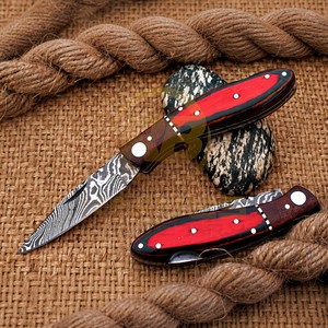 Cuchillo Plegable de Acero de Damasco Premium con Mango de Madera, Hecho a Mano, para Caza, Camping, Supervivencia, Cuchillo de Bolsillo EDC - Product Image 1