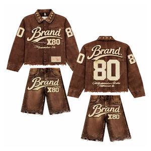 Ensemble veste et short en jean délavé vintage, logo personnalisé, streetwear homme femme, tenue deux pièces assortie, ensemble décontracté tendance usé - Product Image 6