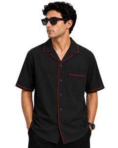 Chemise Homme Personnalisée Col Cubain Noir avec Passepoil Rouge Décontractée Manches Courtes Été Streetwear Tendance Coupe Oversize - Product Image 1