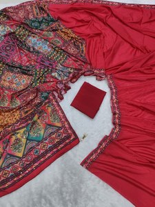 Sari en soie rouge douce à imprimé numérique, tenue de mariage indienne traditionnelle pour femme, longueur au sol, coupe classique, infroissable, séchage rapide, tout confort - Product Image 5