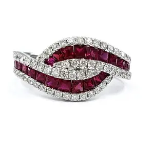 Trung Quốc Nhà sản xuất đáng tin cậy High End 18K rắn vàng trắng kim cương thật Twist hình dạng lớn Eternity đính hôn đám cưới Natual <span class=keywords><strong>Ruby</strong></span> r - Product Image 1