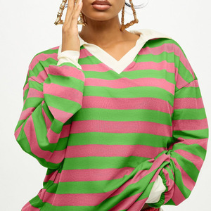 Camiseta de Punto a Rayas para Mujer, Estilo Rugby, Cuello en V, de Poliéster de Primera Calidad, Manga Larga, Informal, con Estampado Verde y Rosa - Product Image 3