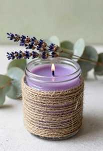 Vela Aromática de Lavanda Hecha a Mano en Frasco de Vidrio con Envoltura de Cuerda, Portavelas Votivo Resistente al Calor, Decoración para el Hogar - Product Image 1