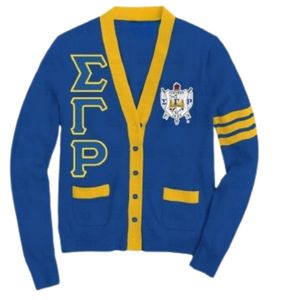 เสื้อคาร์ดิแกน Sigma Gamma Rho สีน้ำเงินรอยัลและสีทอง ปักลายตัวอักษรกรีกแบบกำหนดเอง เสื้อแจ็คเก็ตสเวตเตอร์ปักลายสำหรับชมรมนักศึกษา แฟชั่นวิทยาลัย - Product Image 1