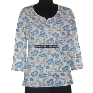Kurti ผ้าฝ้ายพิมพ์ลายดอกไม้สำหรับผู้หญิงเสื้อแบบดั้งเดิมสไตล์อินเดีย - Product Image 1