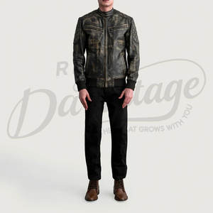 Veste de motard vintage pour homme en cuir véritable noir vieilli avec rembourrage matelassé aux épaules et col montant à boutons-pression - Product Image 3