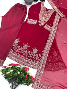 Elegante Traje Palazzo de Georgette Sintética Bordado con Trabajo de Secuencia Codificada y Dupatta de Diseñador - Product Image 4