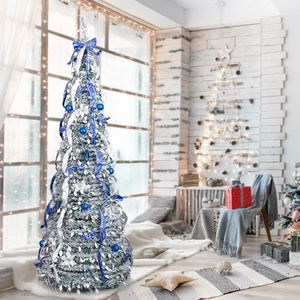 7 FT Pre-Lit Artificial Pop up Christmas <b>Tree</b> 200 Warm <b>Lights</b> Snow Flocked Blue Silver Ornaments for Home Office for Holidays! - Product Image 4