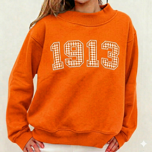Sweat-shirt à col rond pour femme, orange, imprimé à carreaux 1913, en coton, vêtements décontractés d'automne, manches longues, logo sur le devant - Product Image 1