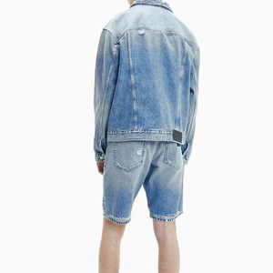 <b>Custom</b> Slim Fit Coated <b>Denim</b> <b>Jacket</b> and Shorts Suit Set with Stand Collar Front Logo Soft Eco-Friendly for Men - Product Image 2