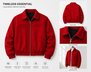 KOURPUR Men's <b>Red</b> <b>Wool</b> Blend Varsity Jacket Stand Collar Covered Button Closure Breathable Casual Winter Wear - Product Image 5