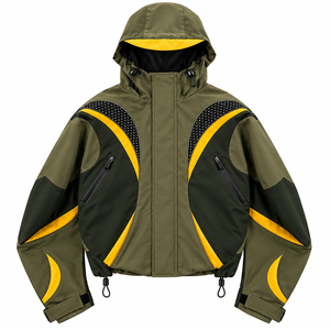Chaqueta Utilitaria Personalizada con Capucha en Verde Oliva y Negro con Detalles Amarillos, Bolsillos con Cremallera, Puños Ajustables, Estilo Premium para Exteriores - Product Image 1