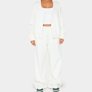 2026 Breathable Women's <b>White</b> Knitted <b>2</b>-<b>Piece</b> Casual <b>Set</b> Full Sleeve Loose Fit O-Neck Top Wide Leg Pants Solid Color Fleece <b>Set</b> - Product Image 1