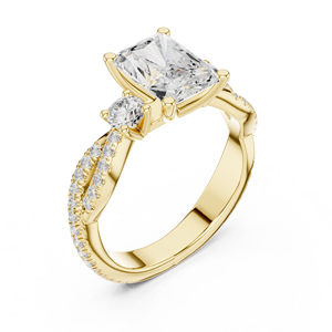 Bague de fiançailles en or jaune avec diamant de laboratoire taille radiant, pavé torsadé, trois pierres, pour femme - Product Image 3