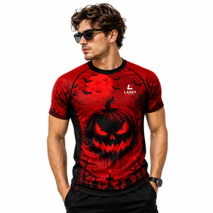 High Quality Halloween T Shirt <b>Men</b> Black Red 3D Pumpkin Haunted Castle Bat Graphic Printed Short Sleeve Casual Streetwear Party - Product Image 2