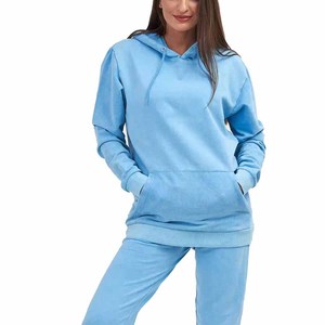 Unisex Light Blue Hooded Sweatshirt and Sweatpants Set Casual Loose Fit Full Sleeve Solid Color Acid Wash Tracksuit <b>For</b> <b>Sale</b> - Product Image 5