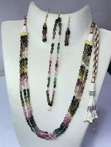 Natural Multi Tourmaline Faceted Oval Cut Beaded Necklace <b>Earrings</b> Pair Unique Double Layer Adjustable 24K Gold Plated Women's - Product Image 6