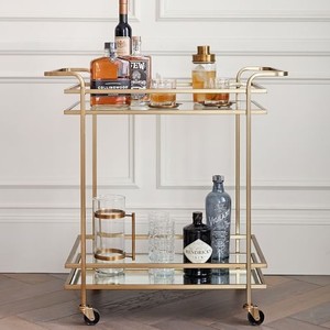 Luxury Gold Finish Iron Bar Cart with Glass Shelves Modern Rolling <b>Serving</b> <b>Trolley</b> for Home Kitchen Dining Room Beverage Storage - Product Image 4