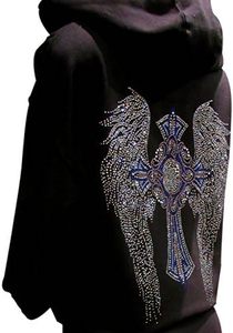 Sweat-shirt en coton tricoté unisexe noir de qualité supérieure avec strass, croix et ailes d'ange, style gothique, coupe classique, fabricant OEM - Product Image 5