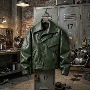 Unisex Green Leather Turn-down Collar Zipper <b>Jacket</b> <b>Racing</b> Biker <b>Jacket</b> Custom Leather Riding <b>Jacket</b> Wholesale Manufacture - Product Image 3