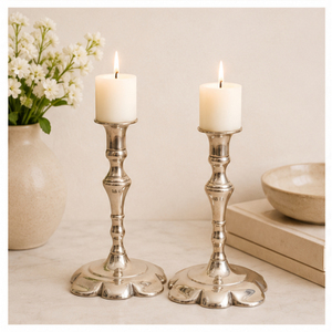 Exclusive <b>Silver</b> Metal Taper Candle Holder Set with Scalloped Base Vintage Style <b>Candlestick</b> Stand for Event Table Decor - Product Image 4