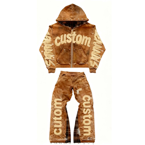 New Trend Custom OEM Service Tracksuit Premium Distressed Acid Washed Full Screen Printing Rhine Stones Zipper Tracksuit For Men - Product Image 2