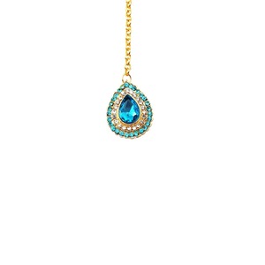 Elegante Collar con Colgante de Diamantes de Imitación en Forma de Lágrima con Piedra Central Azul y Cadena Dorada para Accesorio de Cabello de Boda - Product Image 1