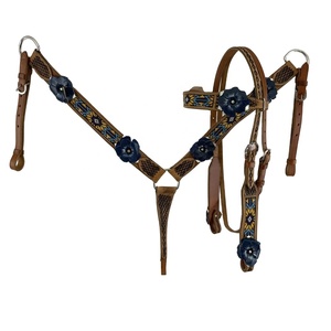 Serre-tête en cuir véritable Western Aztec perlé et collier de poitrine avec des accents de fleurs peintes en cuir 3D Fabricant du fournisseur - Product Image 1