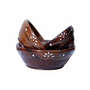 Sheesham <b>Wood</b> Traditional Geometric Design 3-Piece Nested Bowls Set Tabletop Use Wholesale - Product Image 1